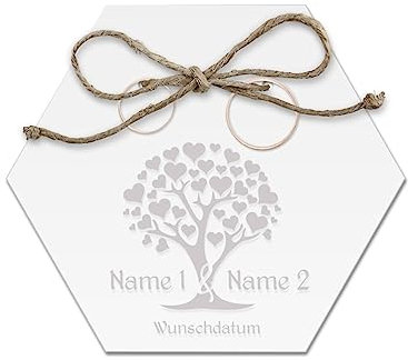 Acrylglas Ringkissen personalisiert zur Hochzeit Standesamt mit Lasergravur mit individuellen Namen und Datum klein und modern - Herzbaum