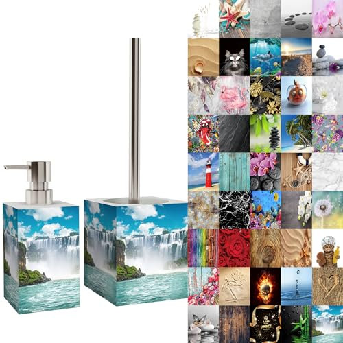 Sanilo Badezimmer Set, Seifenspender und WC Bürste mit Motiv, große Auswahl, Klobürste ohne Bohren, schöne Designs (Wasserfall)