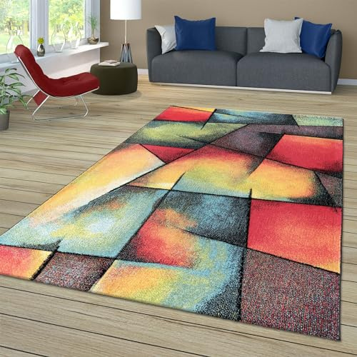 TT Home Wohnzimmer Teppich Bunt Kurzflor Wohnzimmerteppich Meliert 3D Optik Geometrisch, Farbe:Grün Blau Orange, Größe:80x150 cm