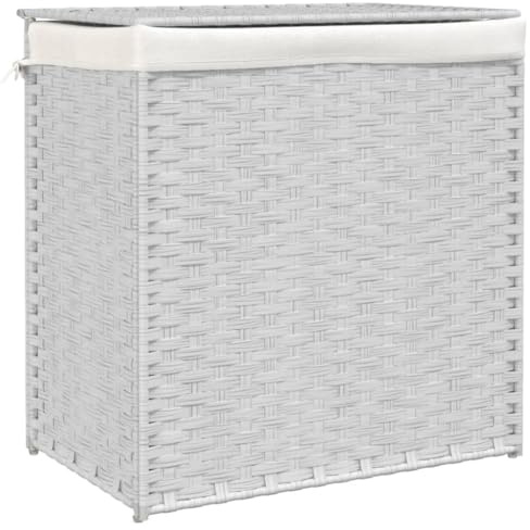 vidaXL Wäschekorb mit 2 Fächern Weiß 53x35x57 cm Poly Rattan