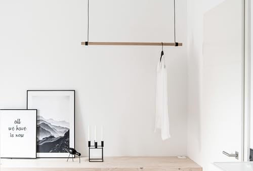 Nordic Loft Design Hängegarderobe | Kleiderstange Eiche mit Lederband | Garderobe hängend | Garderobe Holz | Deckenmontage