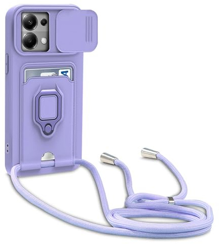 Dllatui Handyhülle Kompatibel mit Xiaomi Redmi Note 13 Pro 5G/Poco X6 5G Halsband Lanyard Silikonhülle,mit Kamera Schutz Schieber,Drehbarer Ständer mit Kartenfach Necklace Hülle (Lila)