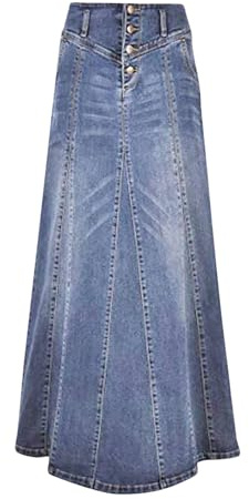 Jupe longue en jean taille haute boutonnée pour femme - Style vintage - Coupe trapèze - Pour l'été - Décontractée - Jupe maxi d'été fluide - Robe longue, bleu clair, 44