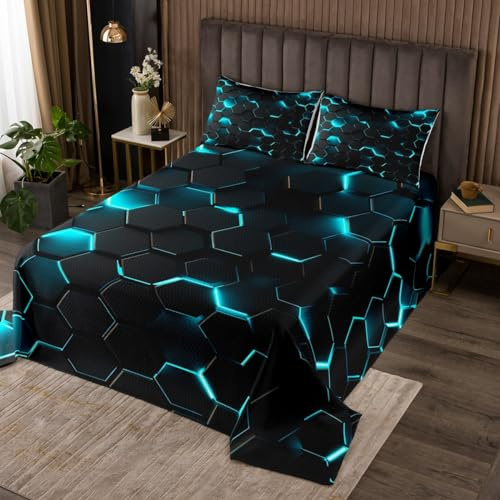 Manfei Colcha infantil azul y negra, tamaño individual, diseño abstracto de panal de abeja para niños, niñas y adultos, colcha acolchada geométrica hexagonal con 1 funda de almohada, edredón de