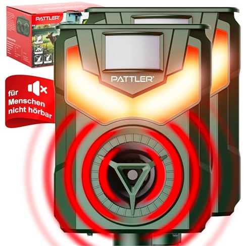 PATTLER® Tiervertreiber Ultraschall Solar 2er Set – Katzenschreck & Marderschreck mit PIR Bewegungssensor 10m – Flammenlicht & LED-Blinklicht – Geräuschfrei Ultraschall Tierabwehr für Garten & Outdoor