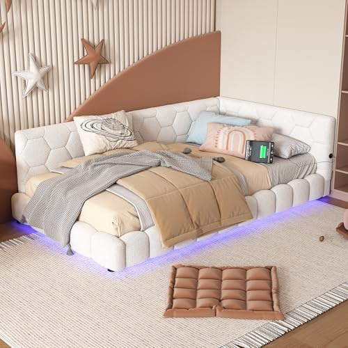 Jovify Polsterbett 90x200 mit LED-Beleuchtung und USB-Anschluss, Schlafsofa Bett mit Lattenrost, Tagesbett Bettsofa Gästebett Jugendbett Einzelbett für Wohnzimmer Schlafzimmer, ohne Matratze, Weiß
