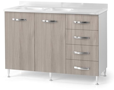 REDÒKASA Sotto lavello per cucina componibile da 120 cm con due ante e 4 cassetti, realizzata in legno 100% MADE IN ITALY (Senza Lavello Vasche a Sinistra, Olmo)