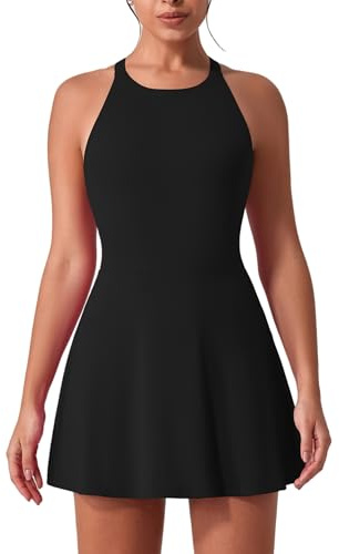 IDOPIP Tenniskleid Damen Golfkleid mit Integriertem BH und Shorts Tasche Cross Back Cut Out Sportkleid Mädchen Trainingskleid Freizeitkleid Tank Dress Athletic Workout Fitness Sport