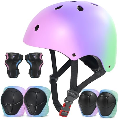 LANOVAGEAR Kinderhelm mit Knieschützern Ellbogenschützern Handgelenkschützern Schonerset Kinder Helm 7 in 1 für Skateboard Radfahren Scooter Roller Skate Bike (Rosa Lila Grün, M)