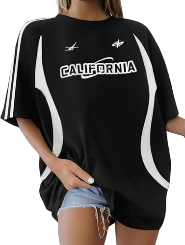 Xnova Oversized Tshirt Damen Gedruckt Kurzarm, Vintage Y2K Tops Rundhals mit Stripes, Sommer Oberteile Casual Streetwear Lose Basic Tee Shirts für Teenager Mädchen (Schwarz, XL)