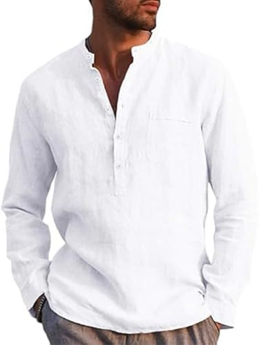 Runcati Camicia da Uomo in Lino a Maniche Lunghe, in Cotone e Lino, Uomo, per il Tempo Libero, Vestibilità Normale, Camicia da Spiaggia Estiva, bianco, L