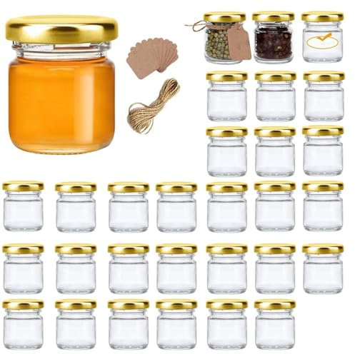 LVYUDS Hochzeit Geschenke Honigspender mit Anhänger Bindfaden 50ml Sirup Spender Siegel Lagerung Frische, Honigglas für Süßigkeiten Zerealien Nüsse Tee Party Geburtstag(Gold,50ML_30PCS)