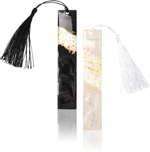 Cheynn 2 Stück Lesezeichen aus Epoxid Goldfolie, Glitzernde Lesezeichen mit Quaste aus Kunstharz, Handgefertigtes Personalisiert Bookmark für Studenten Buchliebhaber Leseliebhaber Geschenk