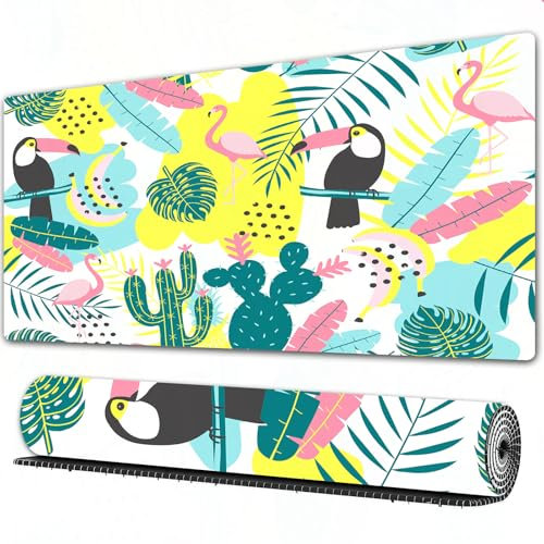 FEHWI 90×40 cm Verlängertes großes Mauspad Schreibtischauflage,Tropisches Aloha-l-Naturkunstmuster mit Flamingo-Kakteen,genähte Kanten Gaming mauspads,rutschfeste Gummibasis