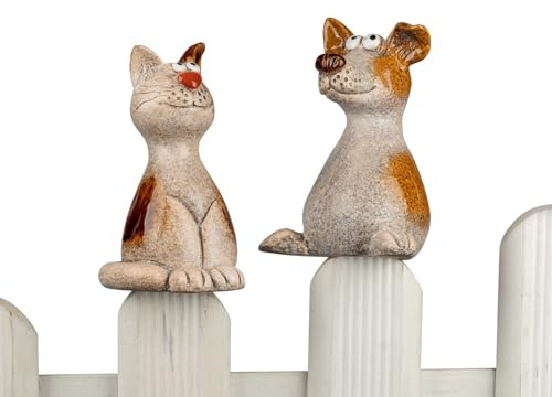 formano Zaundeko 2er-Set Hund und Katze 18cm Figur Steinzeug Lustige Zaunfiguren für Garten BalkonTerrasse handbemalt wetterfest Sommerliche Gartendeko zum Aufstecken