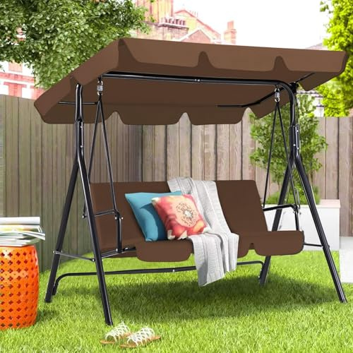 UNIONLINE Garden Swing Chair, Outdoor 3-Seat Glider Porch Bench with Removable Cushion and Adjustable Shade, Garden Swing Chairs for Poolside,Backyard (Brown)