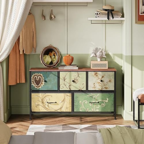 BEIJIALY Byrå med 5 Lådor, Sovrumsbyrå, TV-skåp, Vintage Förvaringsmöbel, Klädskåp i Tyg, Buffé, Retro Blommigt Mönster, för Vardagsrum, Sovrum, Entré, Kök, Kontor, Korridor (5 Lådor)
