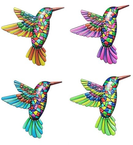 EujRcf 4 Pcs Hummingbird Wall Art Decor, Colorful Birds Wall Sculptures Hanging Decoration, Garden Accessories Hummingbird Wall Decor for Home Bedroom Garden Patio Porch,Backyard Patio or Fence Decor