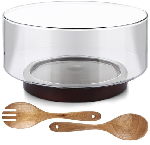 SENENQU 3700ml Glass Salad Bowl with Wood Base, Large Pasta Bowls with Wood Spoon & Fork, Fruit Bowl Serving Bowl for Gatherings Daily Family Meals