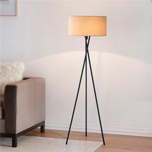 Pink Palm Lámpara de pie con trípode, Cuerpo 100% metálico con Pantalla de Lino, Casquillo E26, lámpara de Noche, luz de pie para salón, Dormitorio y Oficina, Color Negro.