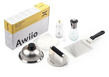 Awiio | Smash Burger Kit Profesional Acero Inoxidoble 304 con Aplastador De Hamburguesas (Smasher) Espátula Molinillo Tapa Fundido Dispensador Aceite Y Papel Hamburguesa - Kit Smash Burger (7 Piezas)