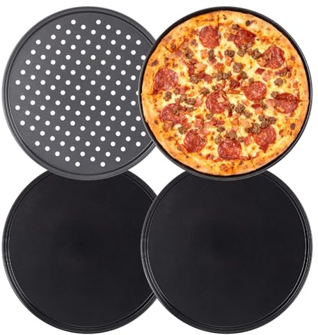 Mokaskaidj 4 Pcs Plato Pizza, Bandeja Pizza Horno, Antiadherente 32 cm, Bandeja Redonda Acero Revestimiento al Carbono, Molde para Pizza Hornear Uniformemente, Más Crujientes, Fácil de Limpiar