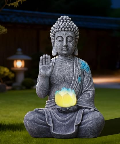 Yeomoo Statue de Bouddha avec LED solaire Lotus Décoration de jardin - Figurine de méditation résistante aux intempéries pour jardin Zen, salon Feng Shui, cadeau spirituel pour femmes, maman, hommes