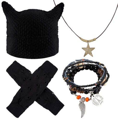 TJHDSF 4 Stück Therian Gear Y2K Kleidung, Grunge-Kleidung, Emo Beanie Mütze mit Katzenohren, fingerlose Handschuhe, Punk Kette, fünf Fairycore-Armbänder (Schwarz)
