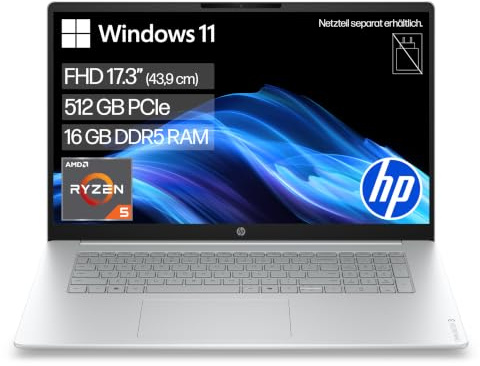 HP OmniBook 3 Laptop, 17,3 FHD IPS, AMD Ryzen 5, 16GB RAM, 512GB SSD | Zuverlässiges Notebook für Alltag, Office und Streaming mit entspiegeltem Display, Windows 11 - kein Netzteil, QWERTZ, Silber
