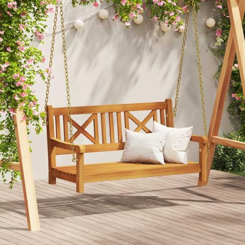 Keeushr Schaukelbank aus Massivholz Akazie in Braun 110 x 56 x 58.5 cm mit ergonomischem Design und stylischer Rückenlehne für Garten und Terrasse, robuste Konstruktion