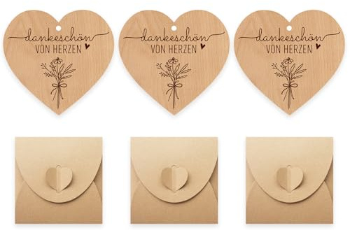 Dankeschön Geschenke Klein Holz Herz Karte Set 3 Stück Mit Umschlag, Dankeschön Geschenke Personalisiert Gravur Herz Anhänger Mini Karte Für Kollegen Lehrer Freunde Hochzeit Geburtstag Abschied