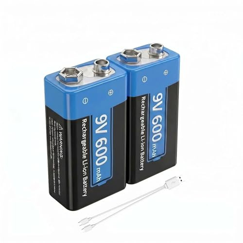 FLSTOR 2 baterías recargables de 9 V, 600 mAh, iones de litio con cable USB, adecuada para detectores de humo, multímetros, sensores, micrófonos inalámbricos, instrumentos musicales