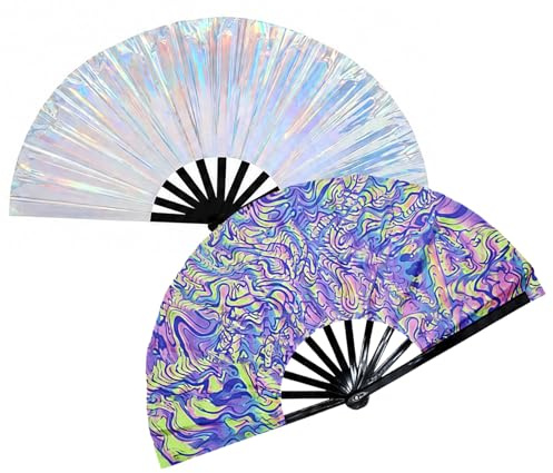 PUQGAOIP Large Holographic Rave Fan, 13 Inch Bamboo Folding Fan for Festivals and Disco, Iridescent Hand Fan for Dance Performances, Perfect Rave Accessories for Women and Party Outfits