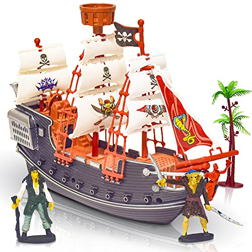 ArtCreativity 10 Pirate Boat Playset, Detailed Ship Toy with 2 Pirate Action Figures & Tree, Fun Party Favor and Prize for Boys & Girls Ages 3+