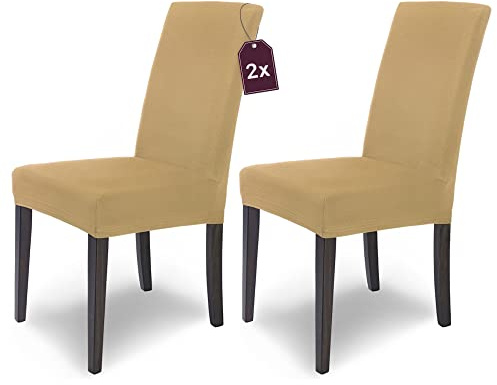Scheffler Home Stuhlhussen Beige 2er Set Stretch Mia Schwingstühle | Blickdichte Microfaser-Stuhlbezüge, waschbar und pflegeleicht, für Freischwinger und Esszimmerstühle, Öko-Tex zertifiziert