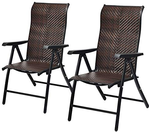 Tangkula Foldable Patio Wicker Dining Chairs Set of 2, Portable High Back Outdoor Wicker Chair with 5-Level Adjustable Backrest, No Assembly Reclining Chairs for Porch Deck Garden Balcony
