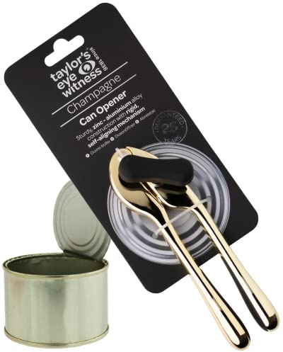 Taylors Eye Witness 2in1 manueller Dosenöffner einfach zu bedienender Dosenöffner perfektes Küchenutensil mit integriertem Flaschenöffner stabile ZinkAluminiumKonstruktion mit goldener Farbgebung.