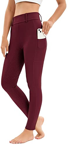 Legging d'équitation pour femme avec poche pour téléphone portable, taille haute, stretch, avec passants de ceinture, rouge, XL