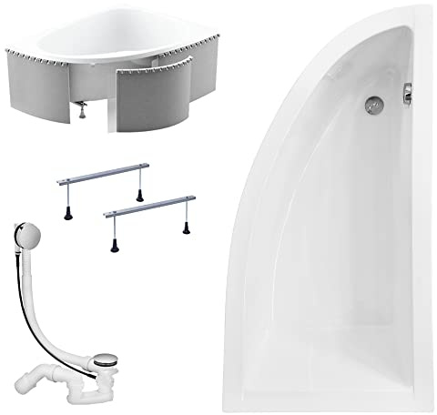 KOLMAN Badewanne PRAKTIKA Eckbadewanne 140x70 Rechts mit Styroporverkleidung, Ablaufgarnitur und Füßen Komplettset 4in1 Premium Original Acryl Wanne Siphon