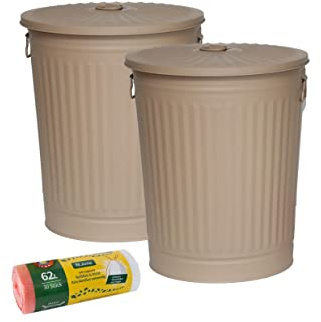 Jinfa 2er-Set Retrodesign Mülleimer mit Griffen und Deckel + 30 Müllbeutel | Beige | 62L