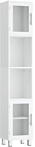 COSTWAY Bathroom Tall Cabinet, Freestanding Slim Storage Cupboard with Tempered Glass Doors, 2 Open Shelves and Adjustable Shelf, Wooden High Floor Cabinet for Living Room Kitchen Hallway (White)