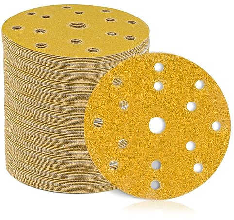 STEBRUAM 150 mm slippapper kardborreband 15 håls slipskivor 50 stycken set för rund excenterslipmaskin – je10 x P60 P80 P120 P180 P400 blandkorn för trä, metall och färg