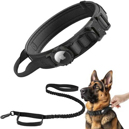 Taktisches AirTag Hundehalsband-Set [M, schwarz], robustes Air-Tag-Hundehalsband mit Griff, Militär-Hundehalsband mit Apple-AirTag-Halter und Griff, GPS-Hundehalsband für mittelgroße und große Hunde. | Kompatibel mit Apple AirTag, mit Halterung und Steuergriff für mittelgroße und große Hunde [Schwarz, M ]