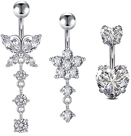 Crdifu 3stk Kurzes Bauchnabelpiercing 6mm Silber Bauchpiercing Chirurgenstahl Herz Schmetterling Blume Anhänger Piercing Bauchnabel Damen