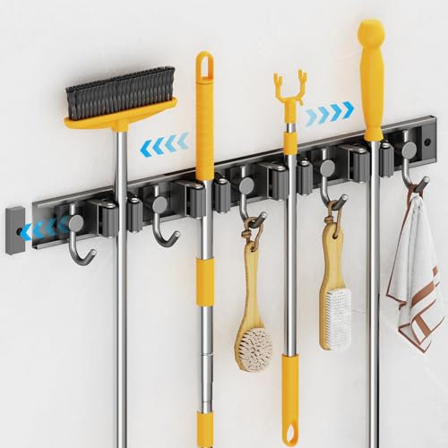 Besenhalter Selbstklebend, Edelstahl, 4 Halter und 5 Haken für Küche, Badezimmer, Garage, Garten