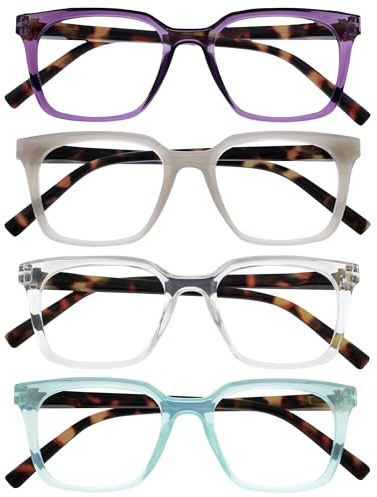 OPULIZE KOI Lunettes de Lecture Lot de 4 - Large Monture Rectangulaire - Violet/Gris/Transparent/Turquoise - Hommes Femmes - Charnières à Ressorts - RRRR50-57CQ - +1.00
