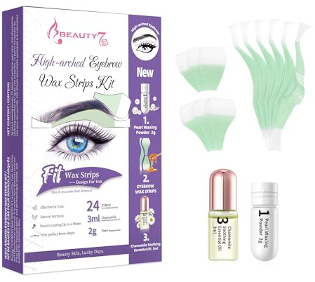 Beauty7 Eyebrow Wax Strips High-arched Eyebrow Wax Strips Kit Hair Removal at Home Waxing 24 Strips with Pearl Powder Essential Oil for Sensitive All Skin Types Women