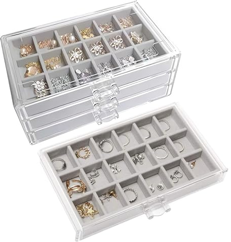 Accmuzzy Boîte à Bijoux en Acrylique avec 3 Tiroirs, Rangement Boucles d'Oreilles, Organiseur de Bijoux pour Bagues et Colliers,Boîte Rangement Bijoux Femme (Gris)