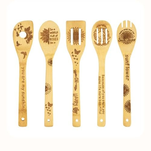 RUDFUZ Lot de 5 cuillères de cuisine amusantes en bois, cuillères à café en bois gravées avec dictons amusants, cuillères en bois de bambou personnalisées pour la cuisine, ustensiles de cuisine