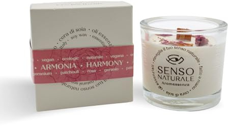 Senso Naturale Harmony Scented Aromatherapy Candle - Vegan and Natural Soy Wax with Rose and White Geranium, Wooden Wick for Long-Lasting Burn and Relaxing Ambiance, 150ml